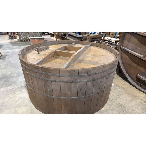LARGE WOODEN WINERY/DISTILLERY KEG FRONT SHOW PROP - APPROX. 3 1/2FT TALL X 7FT IN DIAMETER