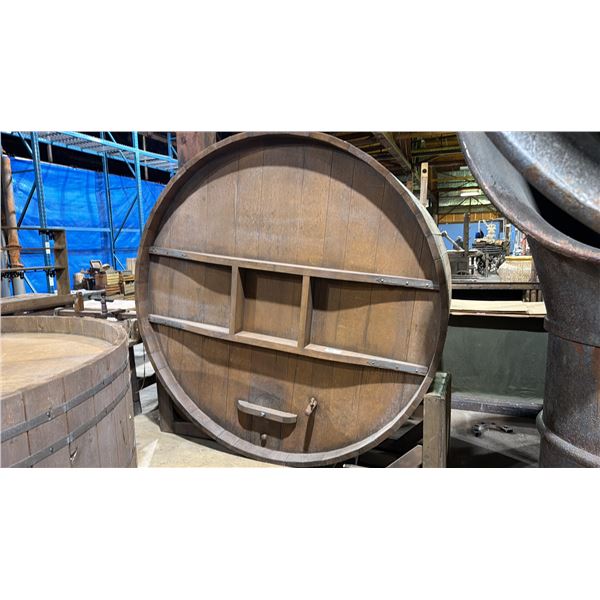 LARGE WOODEN WINERY/DISTILLERY KEG FRONT SHOW PROP - APPROX. 3 1/2FT TALL X 7FT IN DIAMETER
