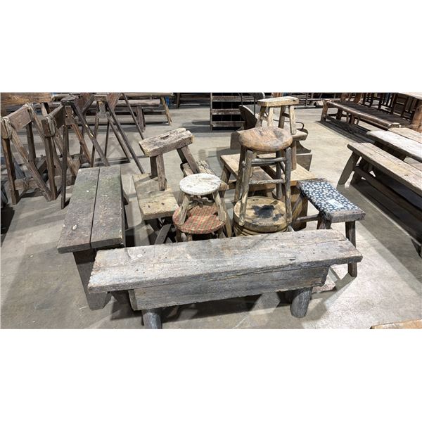 GROUP OF APPROX. 13 RUSTIC WOODEN BENCH SEATS & STOOLS