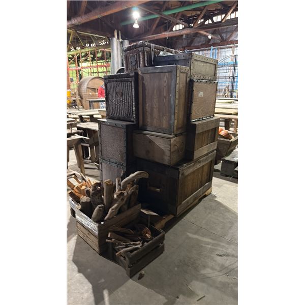 PALLET OF ASSORTED SIZE WOODEN CRATES, WICKER TRUNKS AND 3 BOXES OF FIREWOOD