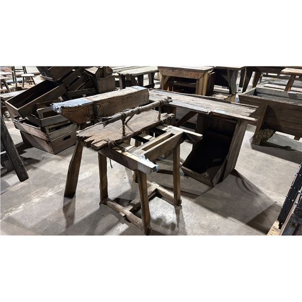 RUSTIC WOODEN DISPLAY TABLE, WOOD SAWHORSE, WALL MOUNT SHELF AND WOODEN TABLE BASE