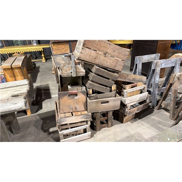 LARGE GROUP OF RUSTIC WOODEN TRAYS AND CRATES