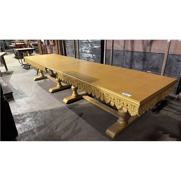 2 WOODEN GOLD PAINTED (JOIN TOGETHER) ROLLING BANQUET TABLES  *DRILL HOLES IN TOP MADE FOR LAMPS*
