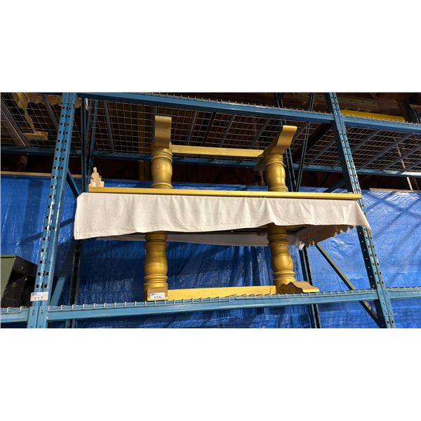 2 WOODEN GOLD PAINTED (JOIN TOGETHER) ROLLING BANQUET TABLES  *DRILL HOLES IN TOP MADE FOR LAMPS*