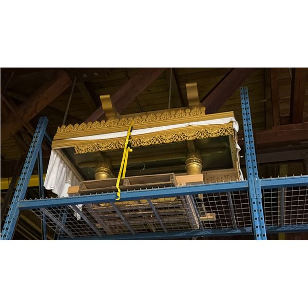 2 WOODEN GOLD PAINTED (JOIN TOGETHER) ROLLING BANQUET TABLES  *DRILL HOLES IN TOP MADE FOR LAMPS*