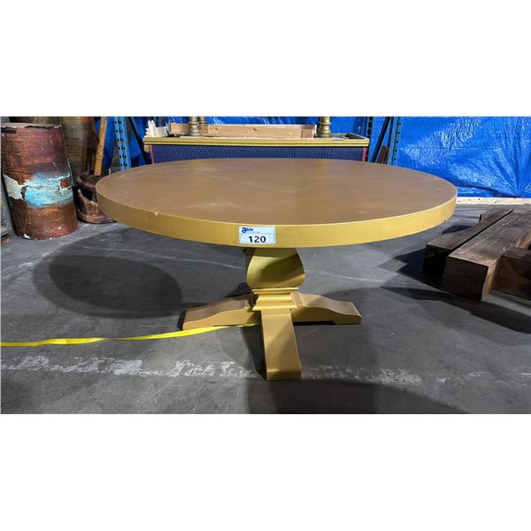 GOLD PAINTED SINGLE PEDESTAL WOODEN BANQUET TABLE - 5FT DIAMETER ROUND TOP
