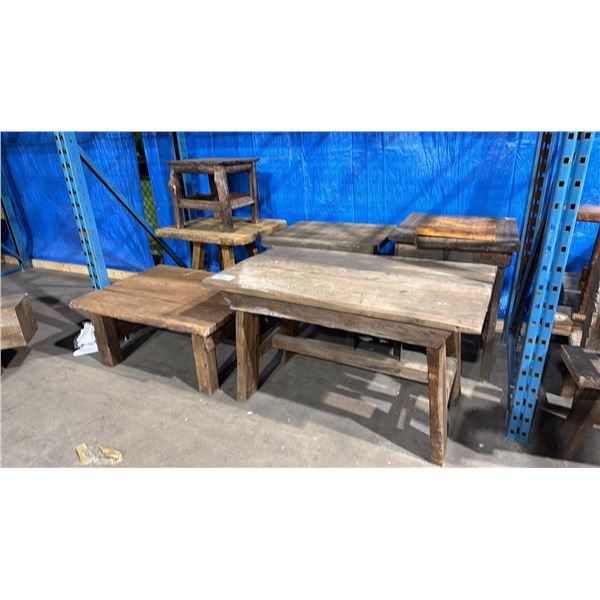 GROUP OF 6 ASSORTED SIZE RUSTIC WOODEN TABLES