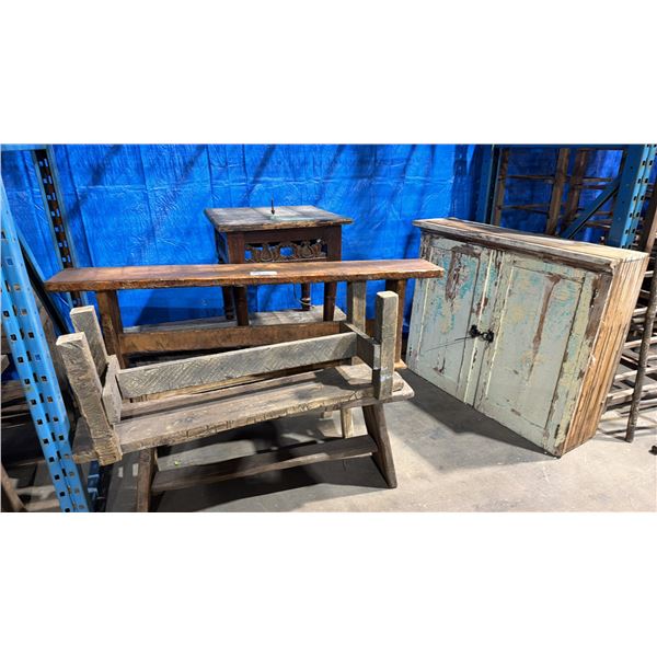 GROUP OF ASSORTED RUSTIC WOODEN BENCHES, TABLES AND (1) CABINET - APPROX. 7 PCS.