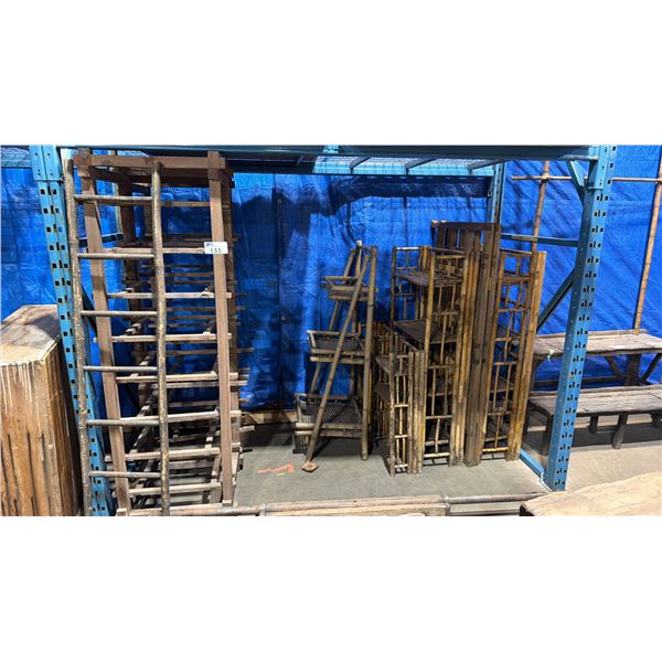 LARGE GROUP OF ASSORTED RUSTIC WOODEN AND BAMBOO RACKS & DISPLAY SHELFS