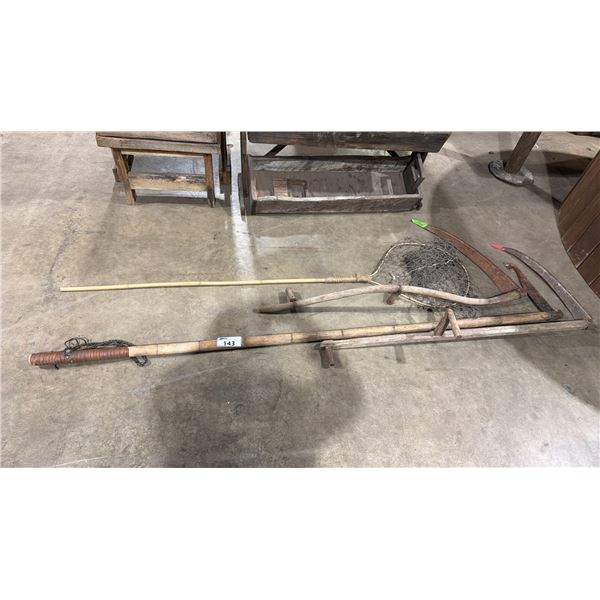 GROUP OF 3 RUSTIC HAY SCYTHES AND 1 FISHING NET