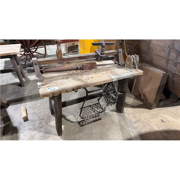 RUSTIC WOODEN SHOW PROP OF WOOD TURNING LATHE ON OLD METAL SEWING STAND