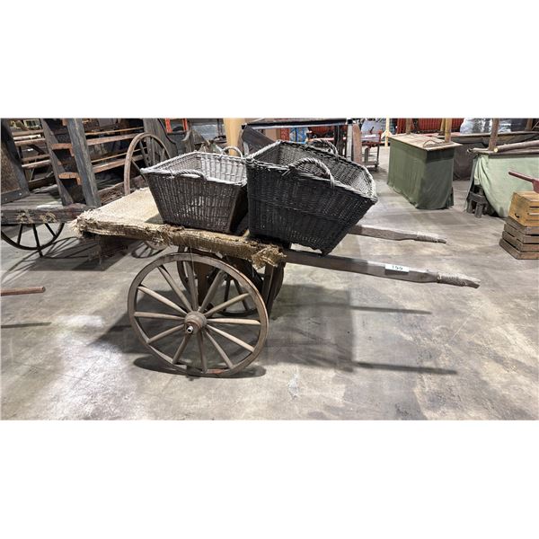 RUSTIC WOODEN PULL CART WITH 2 WICKER BASKETS