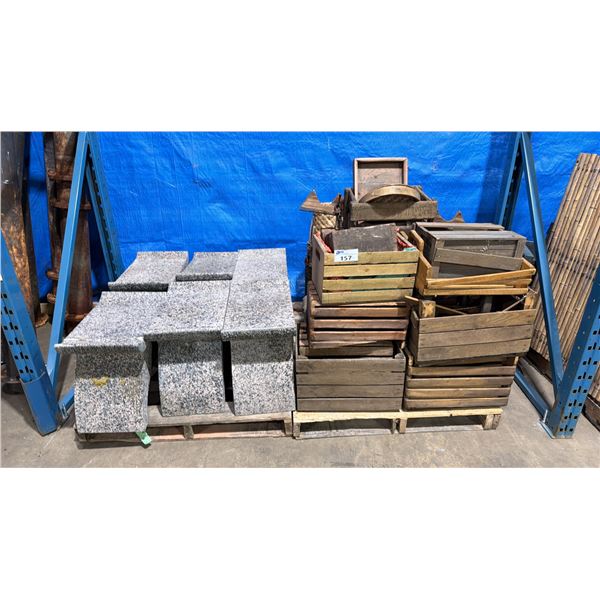 2 PALLETS OF SHOW PROPS - WOOD PAGODA STOOLS AND ASSORTED WOOD CRATES