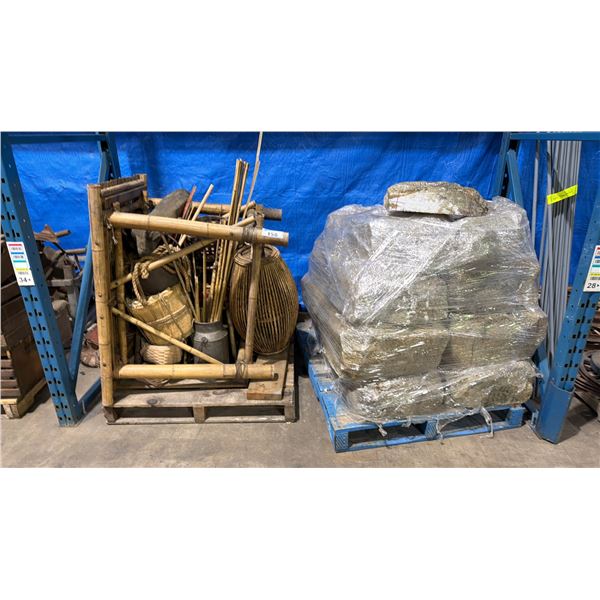 2 PALLETS OF SHOW PROPS - WICKER & BAMBOO AND STYROFOAM STONES