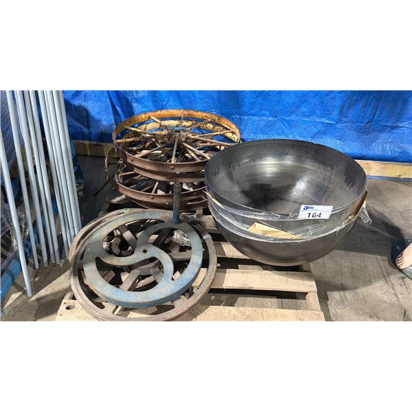 PALLET LOT OF METAL WAGON, WHEELS LARGE STEEL WOKS AND METAL TUBES