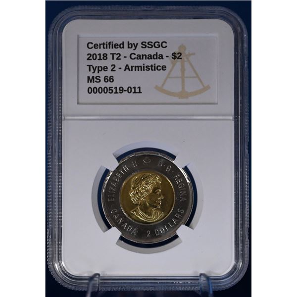 Canada 2018 T2 2 Dollar SSGC MS 66 Armistice Colourized