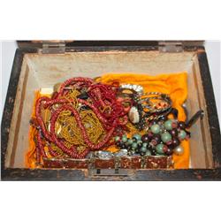Vintage Wooden Box w/ Cosmetic Jewelry