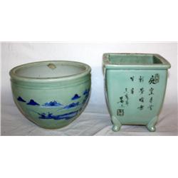 Lot of 2 Vintage Asian Flowerpots