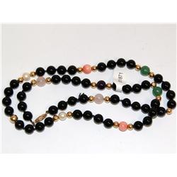 Necklace With Onyx, Jade, Coral, & Gold Beads
