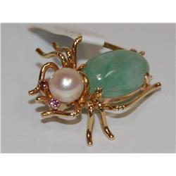 !4K Gold Bug With Apple Jade & Pearl