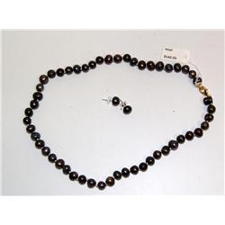 Genuine Black Pearls Necklace & Earrings 8-9mm