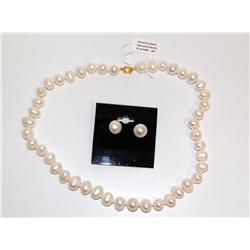 Genuine White Pearls Necklace & Earrings 9-10mm