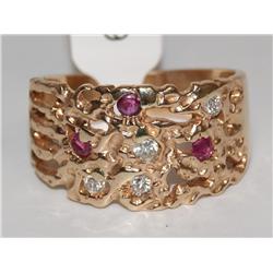 14K Gold Nugget Mens Diamonds & Rubies Ring