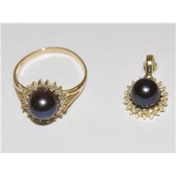 8.00mm Black Pearl & Diamonds Ladies Ring & Pendan