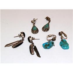 3 Pair Sterling W/Black Onyx & Turquoise Earrings