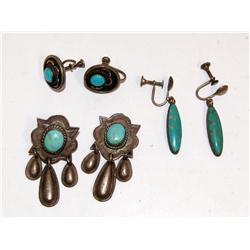 3 Pair Of Sterling & Turquoise Earrings