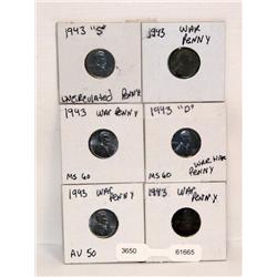 6 1943 Steel Pennies