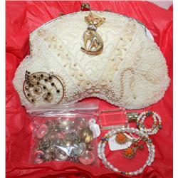 Lot of Costume Jewelry, Antique Beaded Purse, and
