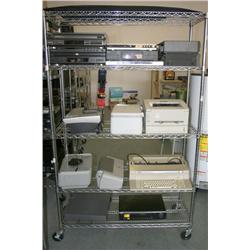 RACK LOT OF MISC. PRINTERS & DVD PLAYERS