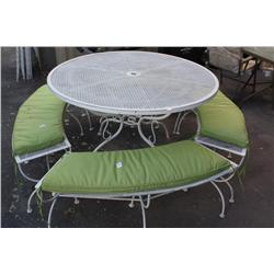 Round patio table with 4 wire top benches