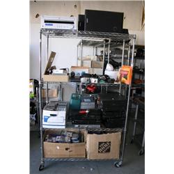 RACK LOT OF MISC ELECTRONICS & MOVIES
