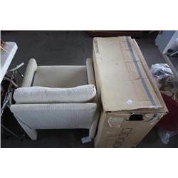 chair and a box of miscellaneous stuffed animals