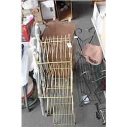 2 wire racks, metal shelf, and walker
