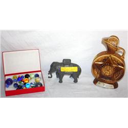 Lot of Marbles, Cast Iron Bank, Jim Beam Bottle