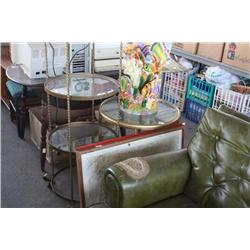 Glass table, shelf, fish statue, two framed pictur