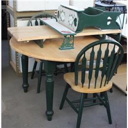 Wood Table w/3 chairs, shelf, small table