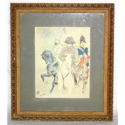 Framed Etching of Men on Horses