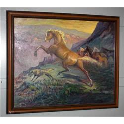 Horse & Wolf Framed Oil on board by Charles Morrow
