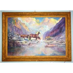 Horses in Stream Oil on Canvas by Charles Morrow