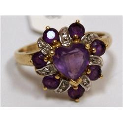 10K Gold Ring With Heart Amethyst & Diamond