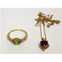 10K Gold Ring W/Citrine & Necklace W/Amethyst Pend