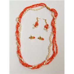 White Pearl & coral Ladies Necklace ,Earrings