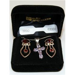 Sterling Necklace W/Amethyst Pend. Garnet Earrings