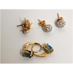3 Pair Gold Earrings W/CZ, Topaz, Seed Pearl