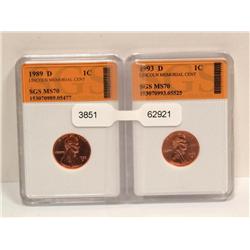 1989-D & 1993-D MS70 Lincoln Cents