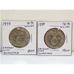 German Silver Marks W/Swastikas 1938-39 AU